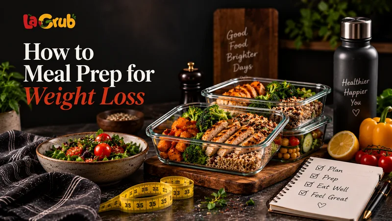 Healthy meal prep for weight loss with chicken, vegetables and grains in glass containers.
