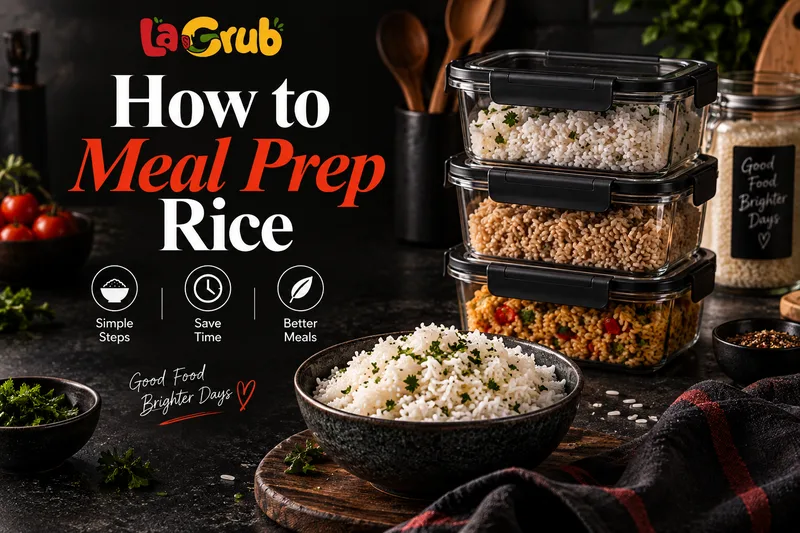 Rice meal prep with cooked rice stored in glass containers.