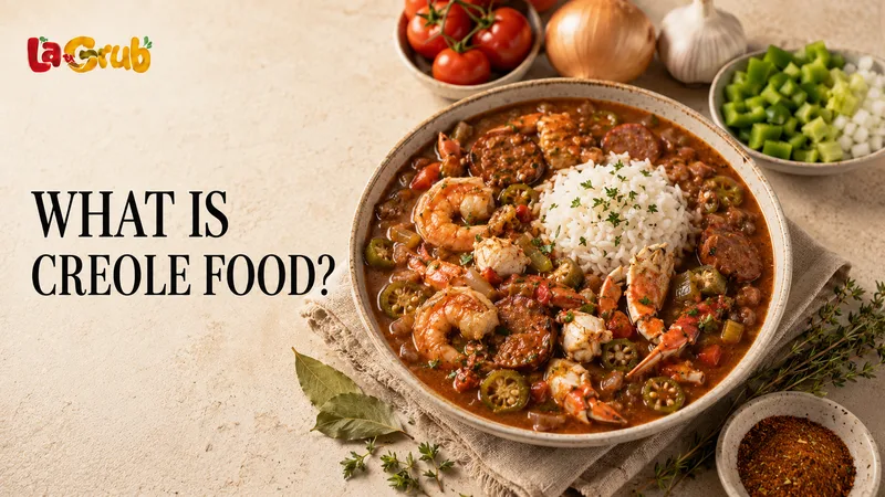 A Louisiana Creole food spread with seafood gumbo, jambalaya, shrimp Creole, red beans and rice
