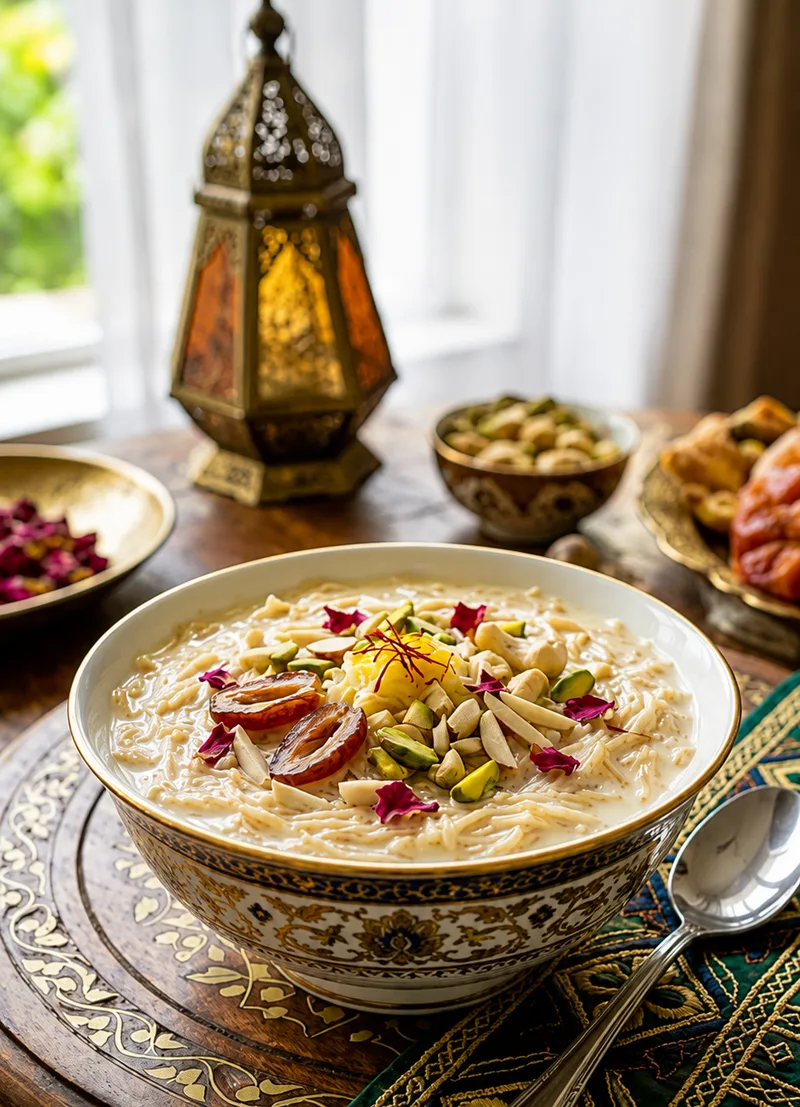 Bowl of creamy sheer khurma garnished with dates, pistachios, almonds, and saffron.