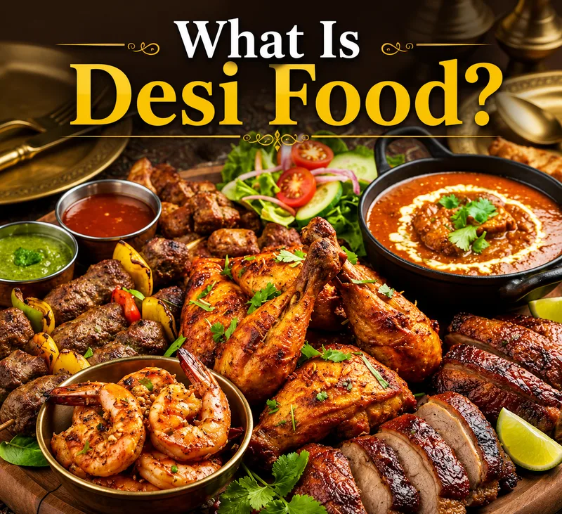What Is Desi Food? Traditional South Asian feast with grilled chicken, kebabs, curry, shrimp, and authentic Desi dishes.