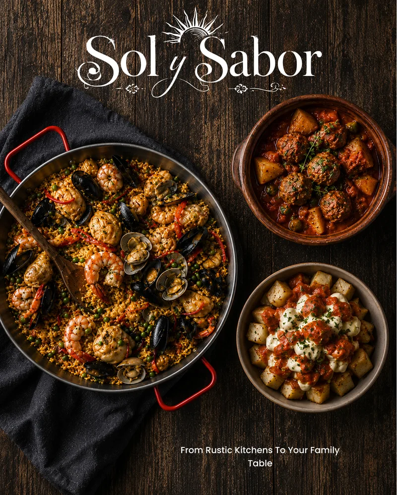 Sol y Sabor Spanish cookbook cover featuring paella, tapas, tortilla española, patatas bravas, gazpacho, garlic shrimp, churros, flan, and classic Spanish recipes.