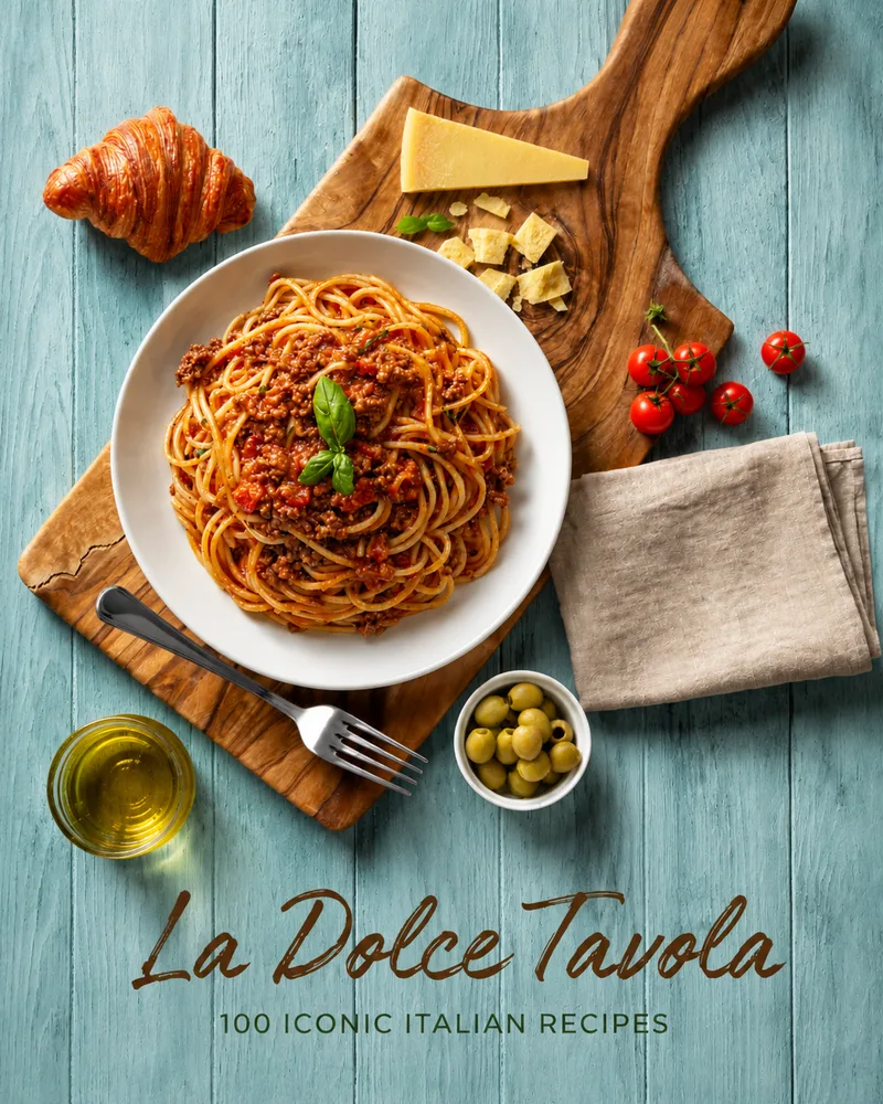 La Dolce Tavola Italian cookbook cover featuring pasta, focaccia, caprese salad, antipasti, parmesan, olives, tiramisu, and classic Italian recipes.