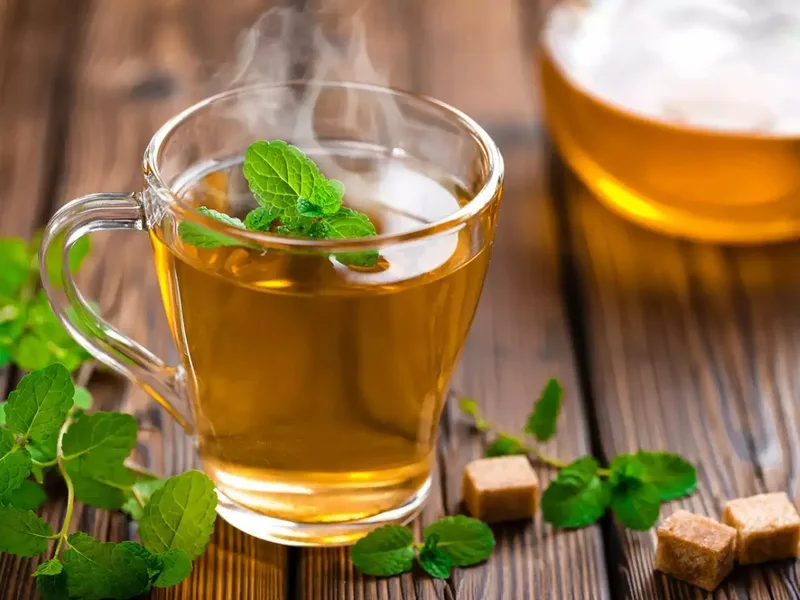 Fresh mint green tea served hot in a cup