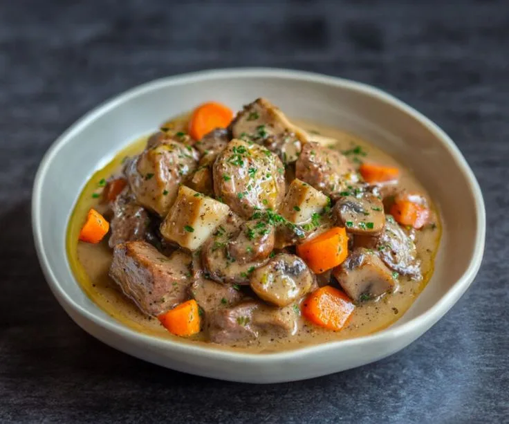 Creamy Blanquette de Veau served with rice and vegetables